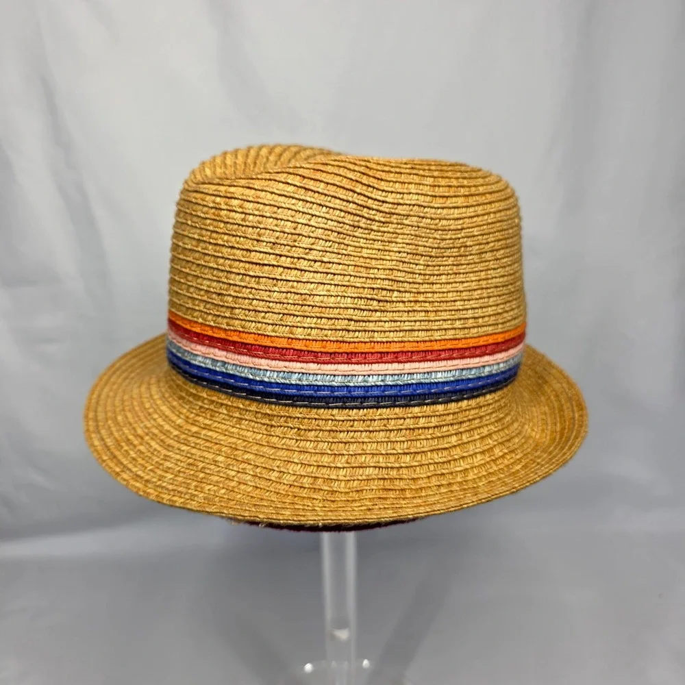 Straw Fedora Kids One Size Tan Striped Band Sun Hat Summer Beach Boho Festival